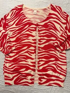 Monroe & Main Red and Cream Zebra-Print Button Cardigan